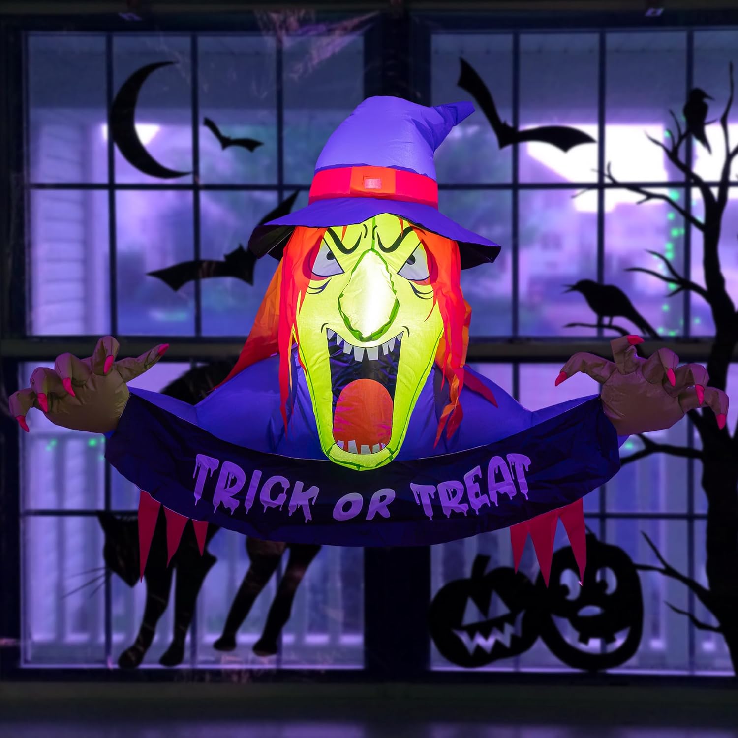 Dazzle Bright Bruja inflable de Halloween de 3.5 pies, decoración de ventana de Halloween con LED integrado para fiestas, interiores y exteriores,
