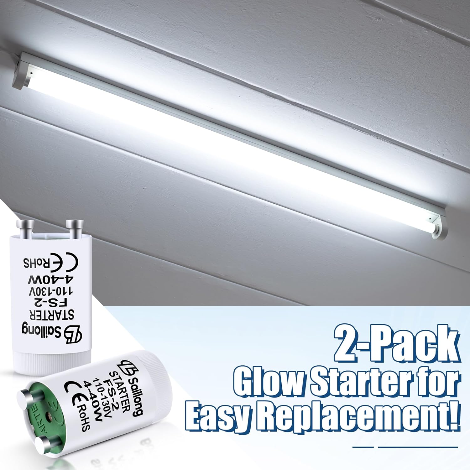 Saillong Paquete de 2 arrancadores fluorescentes blancos para uso con lámparas fluorescentes de precalentamiento de 4-40 W, tubo fluorescente
