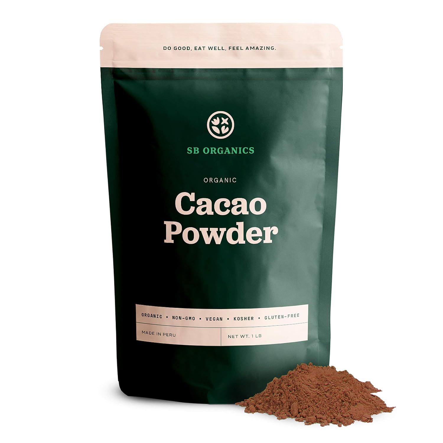 Sun Bay Organics Cacao en polvo  Bolsa de 16 onzas de cacao peruano en polvo orgánico sin OMG, vegano, kosher sin azúcar, libre de gluten, lácteos y