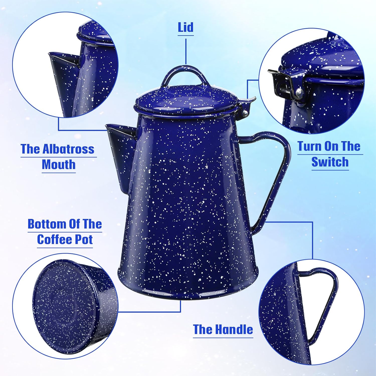 Dandat Cafetera esmaltada de 12 tazas con 6 piezas de 12 onzas, tazas de café esmaltadas para campamento de té, para picnic, hogar, campamento,