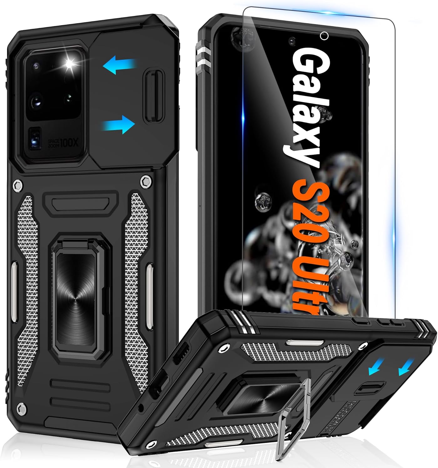 ATUMP Funda para Samsung Galaxy S20 Ultra con protector de pantalla HD con cubierta para cámara deslizante, soporte de anillo de rotación de 360