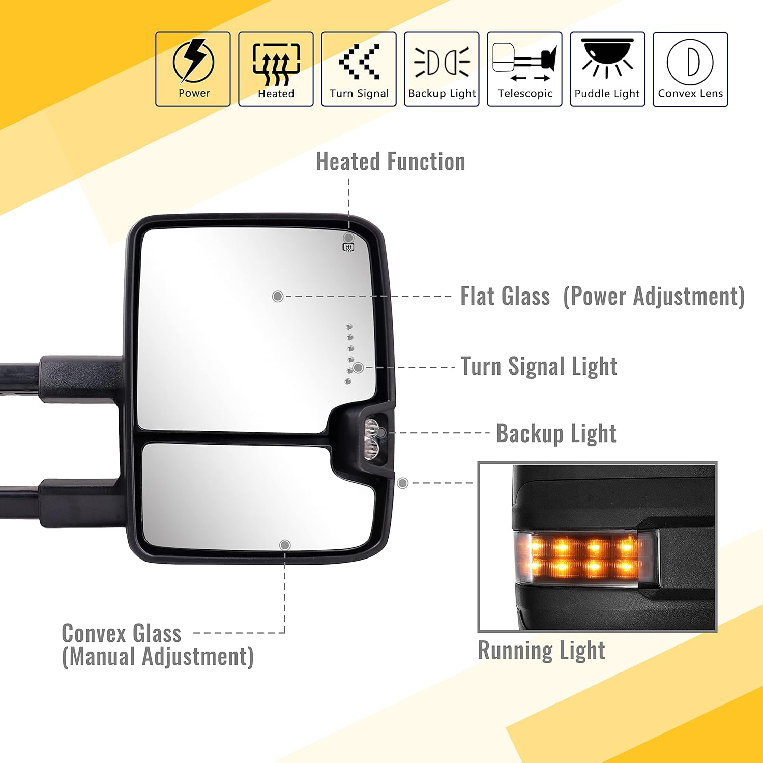 Sanooer – Espejos laterales para camioneta con direccional, calentamiento eléctrico del cristal, sensor de temperatura en la luz para el suelo y
