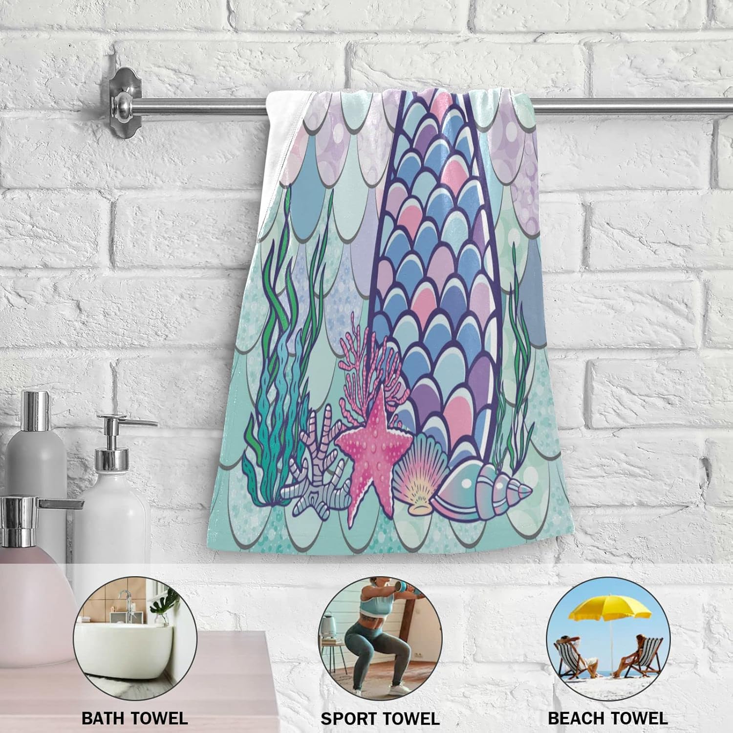 Juego de 2 toallas de mano con escala de cola de sirena, toalla de mano para baño, toalla de baño decorativa de microfibra suave y absorbente, 28 x