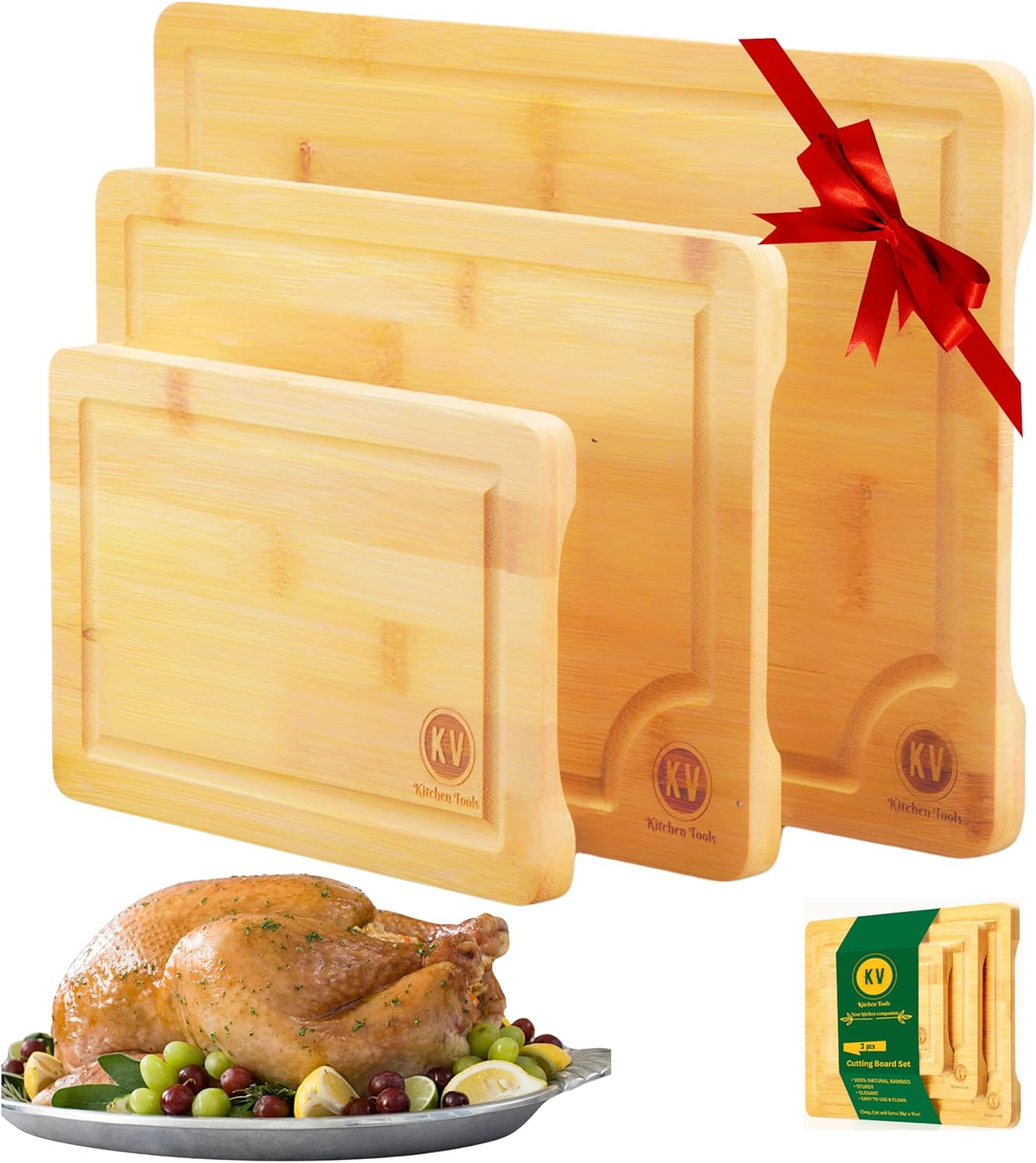 Juego de 3 tablas de cortar de bambú para cocina, juego de 3 tablas de cortar de bambú con ranura para jugo y asas laterales, tabla de cortar gruesa