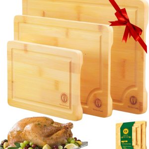 Juego de 3 tablas de cortar de bambú para cocina, juego de 3 tablas de cortar de bambú con ranura para jugo y asas laterales, tabla de cortar gruesa Juego de 3 tablas de cortar de bambú para cocina, juego de 3 tablas de cortar de bambú con ranura para jugo y asas laterales, tabla de cortar gruesa