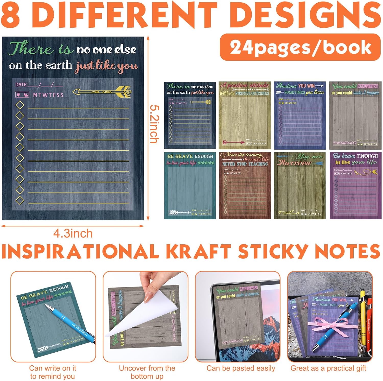 Outus Juego de 72 piezas de regalo inspirador, bloc de notas motivacionales con bolígrafos, notas adhesivas, bolígrafos positivos, blocs de notas