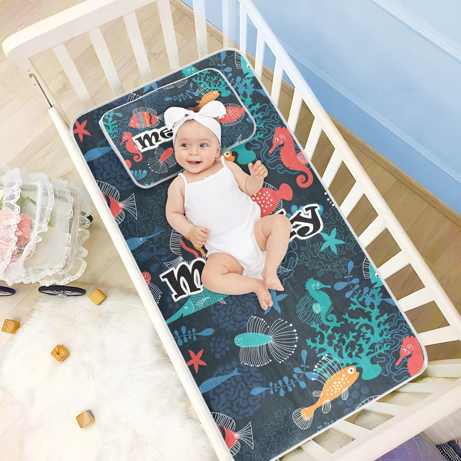 Custom Sea Animals Crib Mattress Protector Pad for Boys Girls Baby Ice Silk Mat Bed Toddler Mattress Pads Bed Wetting Pads Mat Set for Girls Boys,
