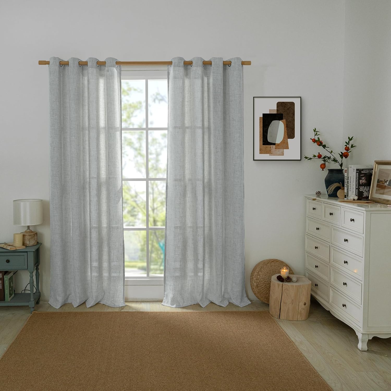 Cortinas de lino de 63 pulgadas de largo para ventana de dormitoriocomedor, filtrado de luz, arpillera gruesa semitransparente, no se transparenta,