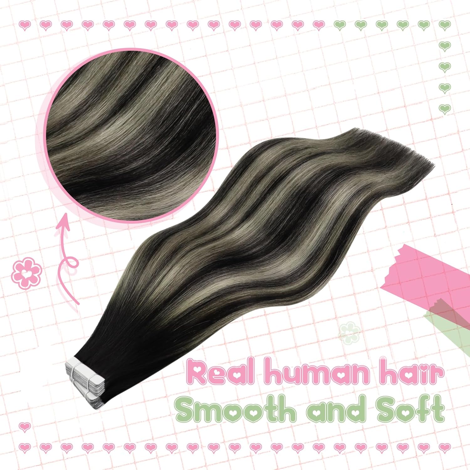 YoungSee Extensiones de cabello con cinta color negro, degradado, gris, plateado, balayage, extensiones de cabello humano real, color negro, sin