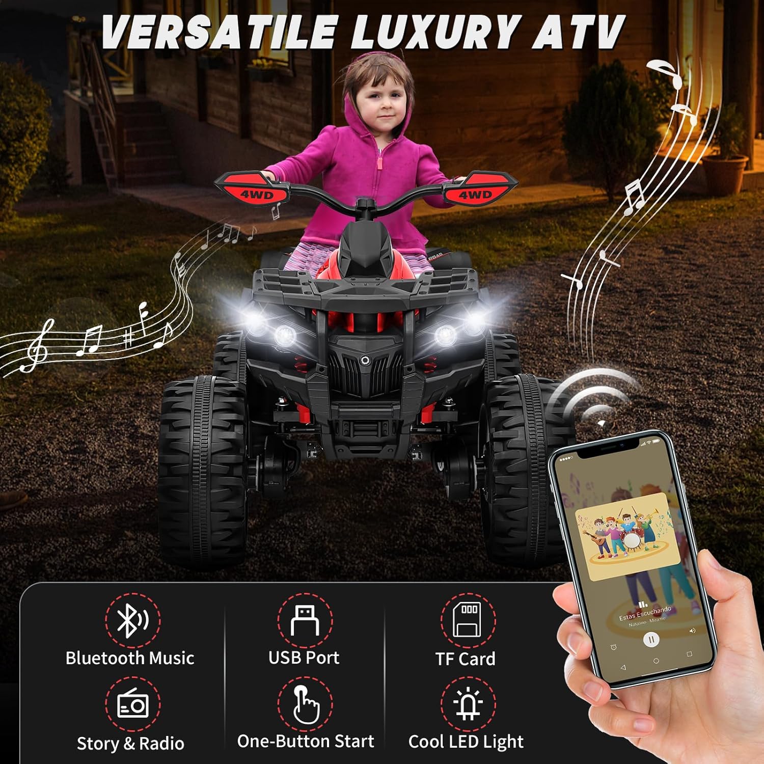 ATV 4 ruedas para niños, juguetes de paseo de 24 V 4WD con 2 plazas, motor potente de 4 x 200 W, funciona con batería de 9 AH, música Bluetooth,