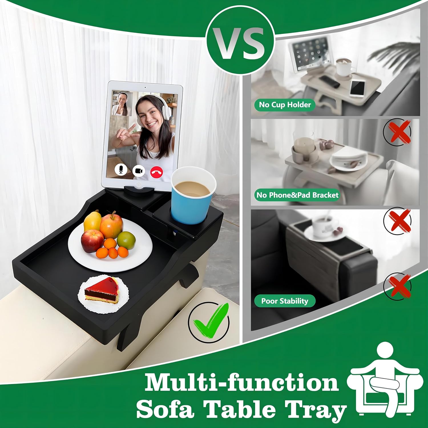 BAMBOOTRAY Mesa de brazo para sofá, bandejas de TV plegables multifunción con soporte giratorio de 360 para teléfono y almohadilla, bandeja de mesa