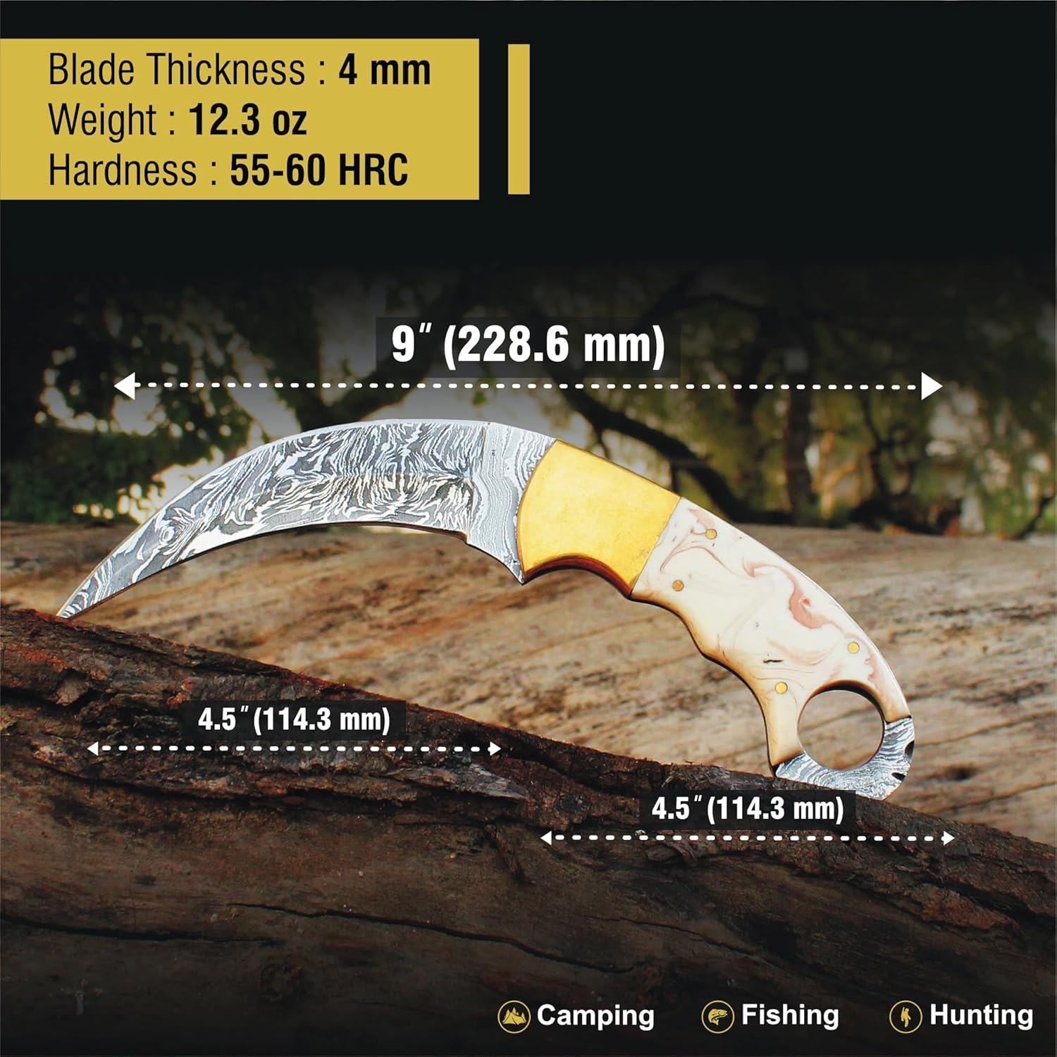 Cuchillo de caza de acero de Damasco con funda, hecho a mano, 9 pulgadas, cuchillo de hoja fija EDC para hombres y mujeres, cuchillo de