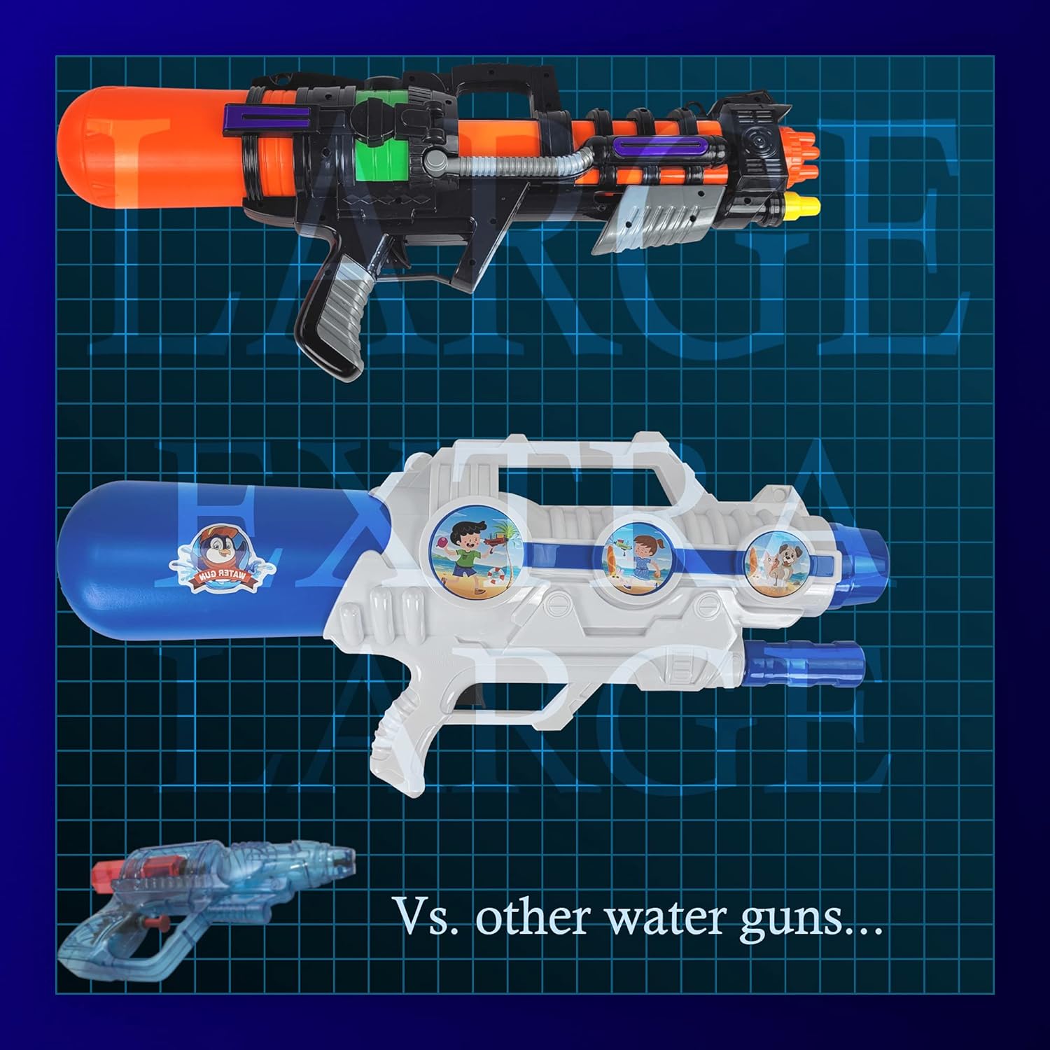 Pistolas de agua extra grandes para niños, súper pistola de chorro de agua de alta capacidad, gran tamaño y largo alcance de tiro, pistola de