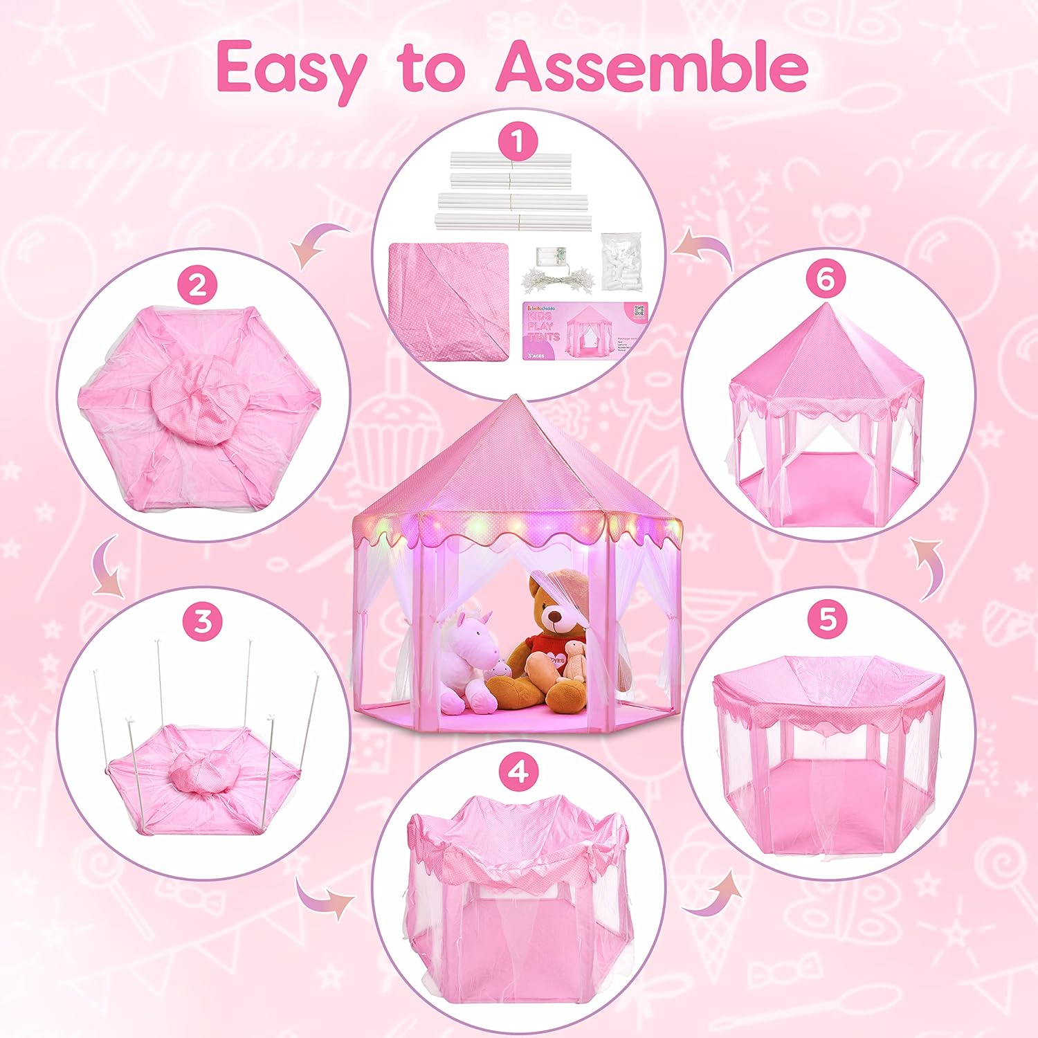 BELLOCHIDDO Tienda de campaña de princesa para niñas, tienda de campaña rosa con luces LED de estrella, castillo de princesa, casa de juegos para
