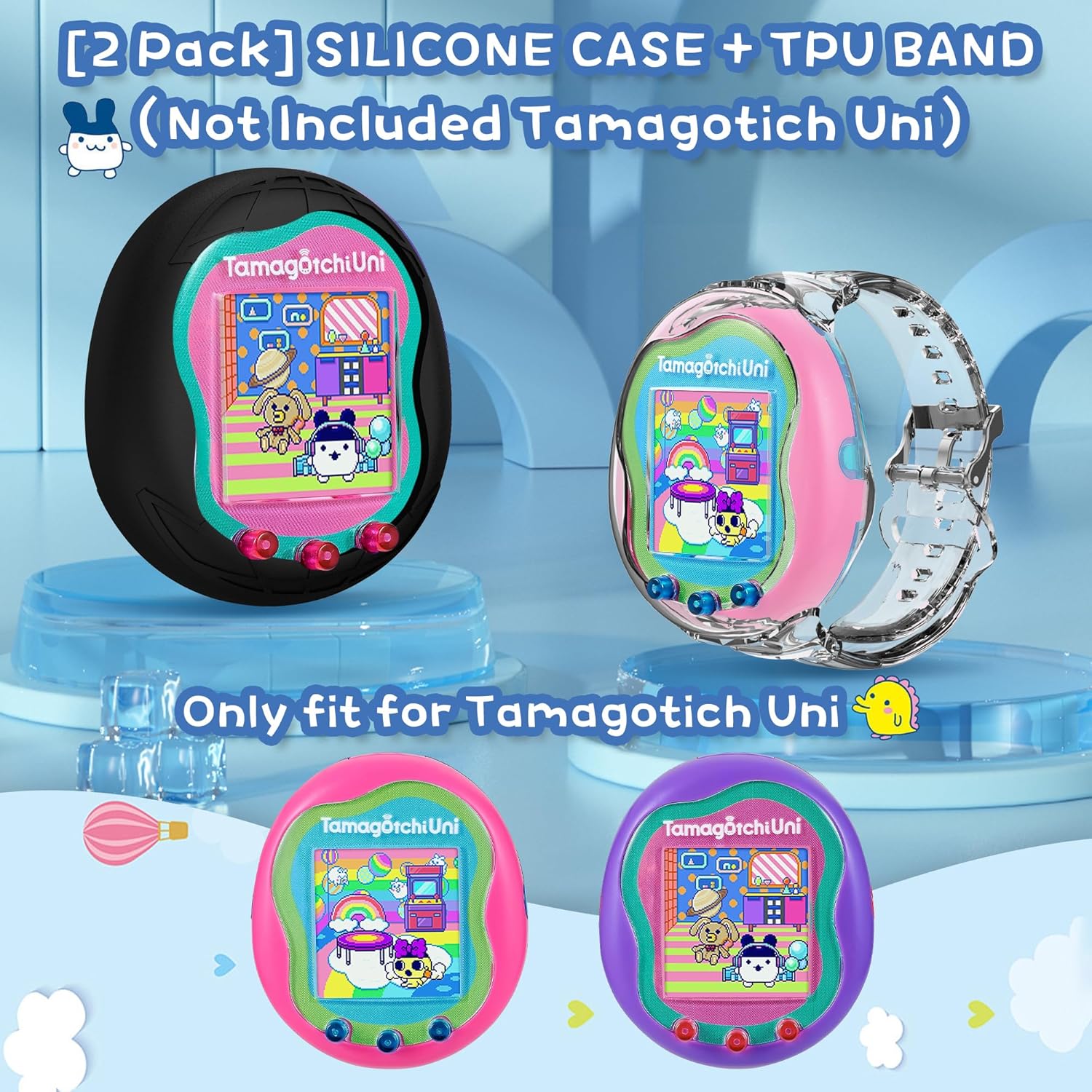 Paquete de 2 fundas para Tamagotchi Uni, funda de silicona + funda protectora de TPU para Tamagotchi Uni Interactive Virtual Pet Game Machine (negro