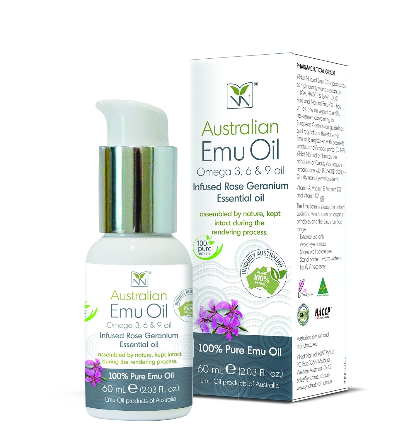 Y-Not Natural – Aceite de emú orgánico farmacéutico 100% puro, 2.0 fl oz, aceite aborigen Omega 3, 6 y 9 de corral libre infundido con geranio rosa