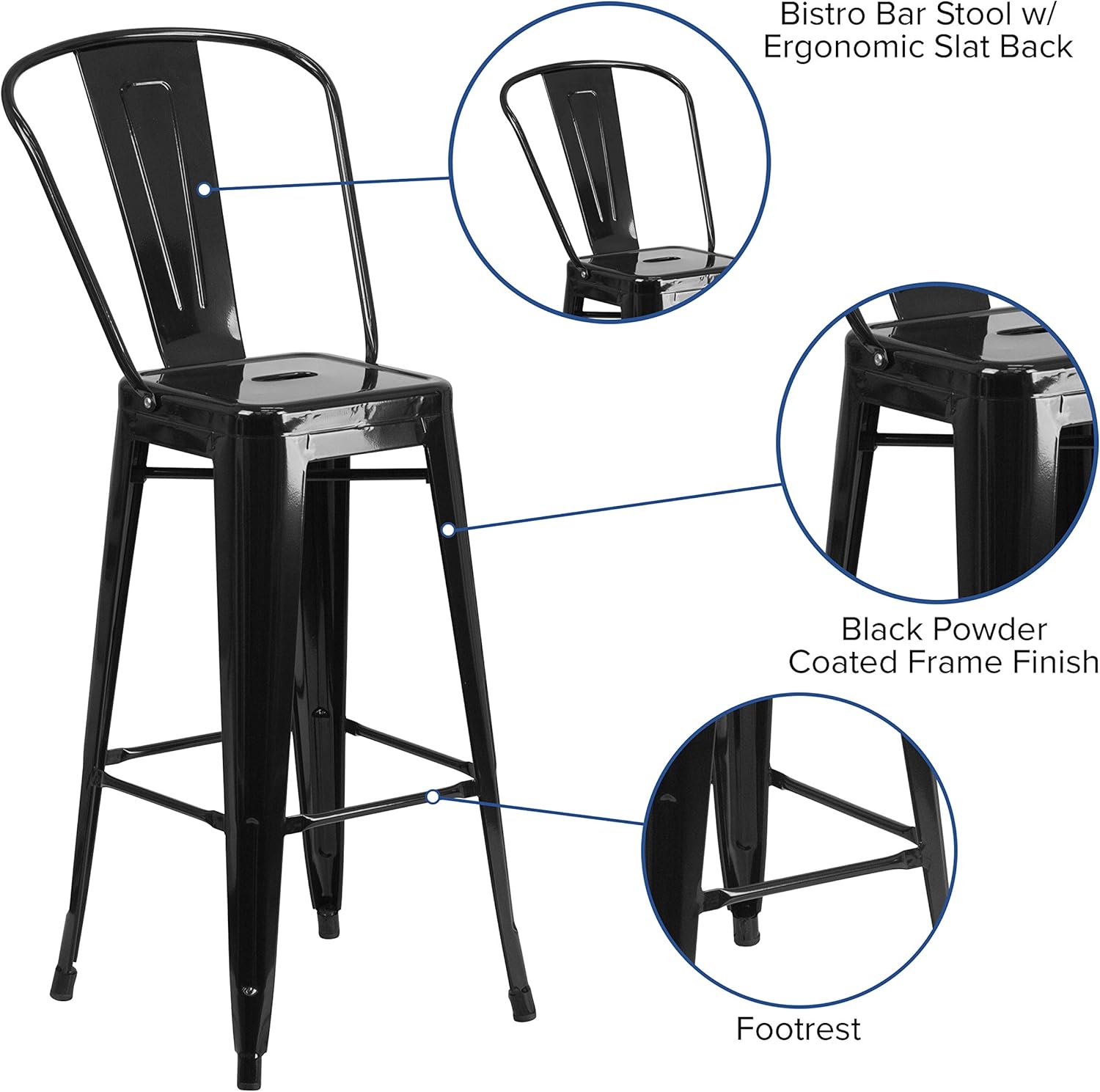 Taburete Flash Furniture de bar, hecho de metal para interior y exterior, Metal, Negro