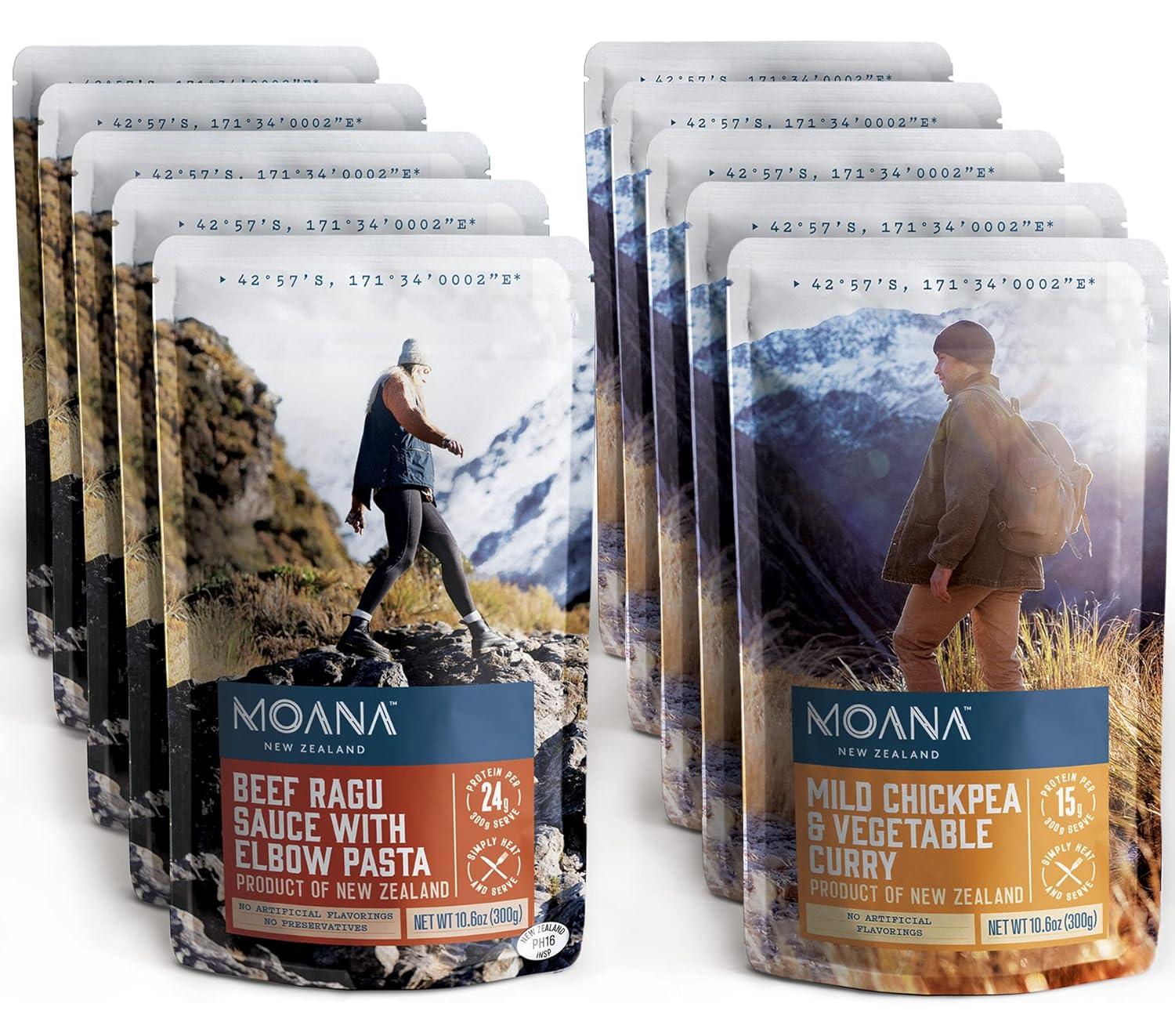 Moana Alimentos para acampar de Nueva Zelanda Paquete de 10  5 salsa de ragú de carne con pasta de codo, 5 garbanzos suaves y curry de verduras,