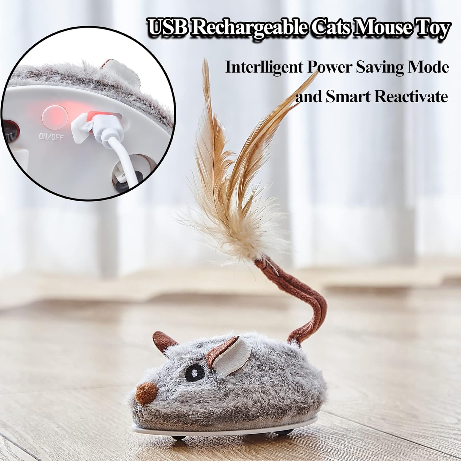 Vealind Juguetes interactivos para gatos con cola de plumas, juguete recargable por USB, movimiento automático para gatos de interior, caza y