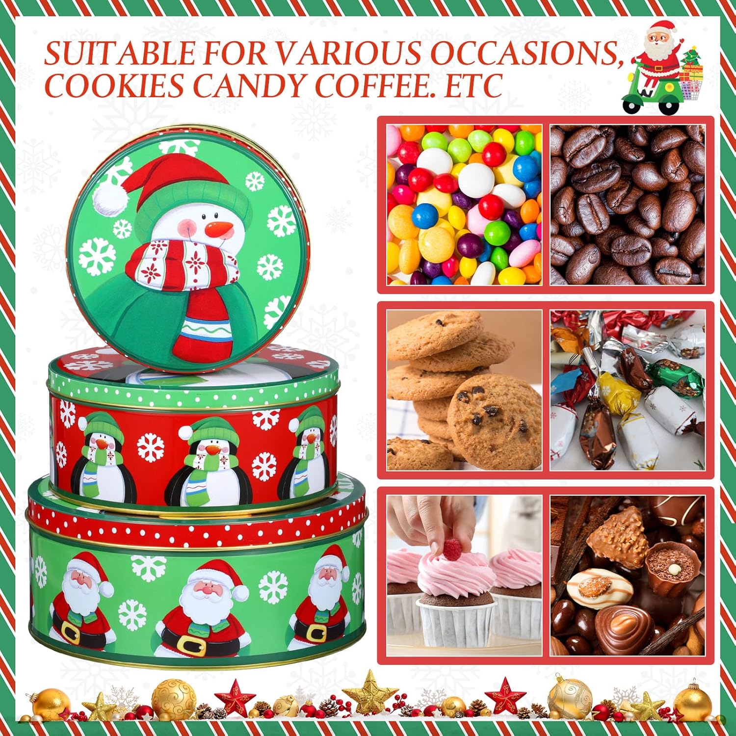 Blulu 3 latas de galletas de Navidad con tapas para regalar, recipientes de lata con tapas, latas de galletas festivas grandes, medianas y pequeñas,