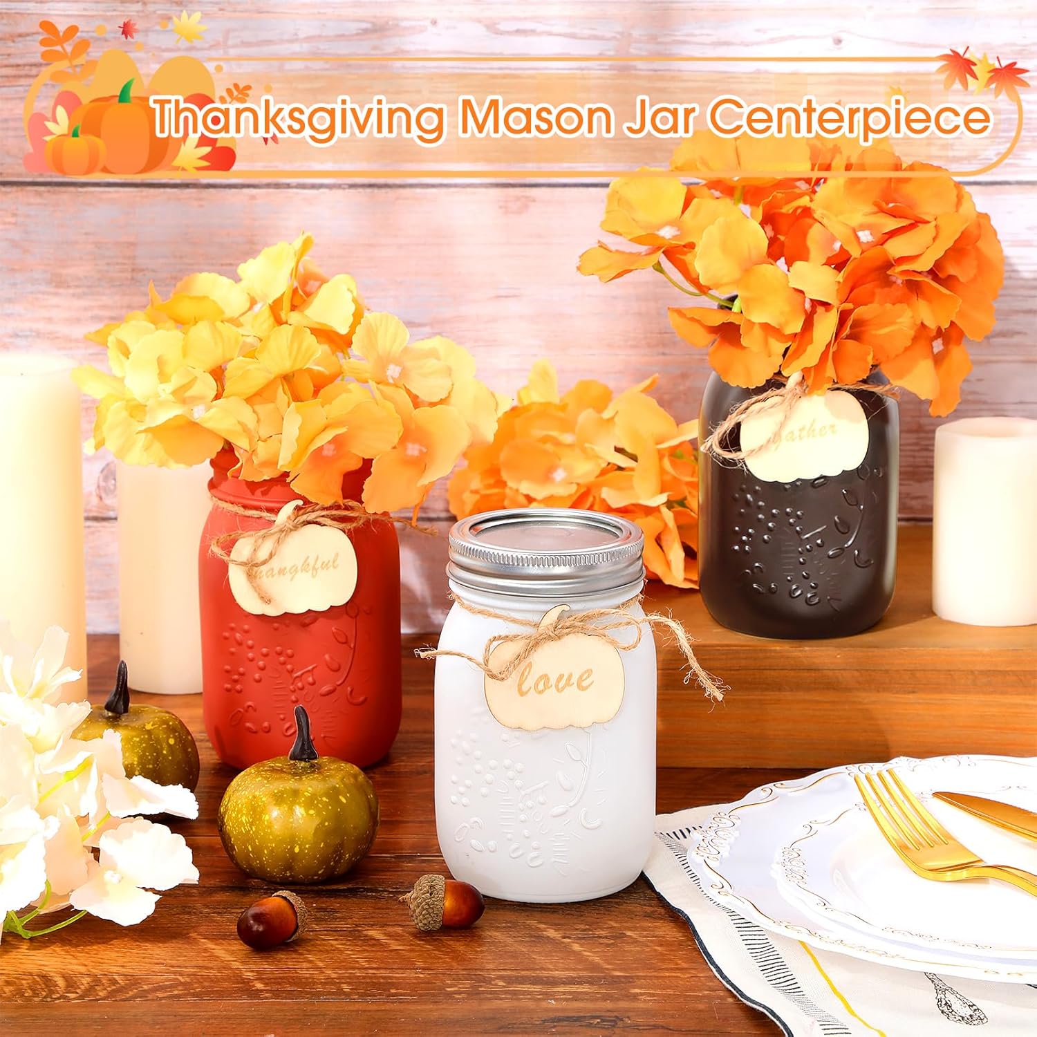 Hotop 6 juegos de tarros de decoración de otoño con flores de cosecha de casa de campo con flores de Acción de Gracias, centro de mesa, arreglo