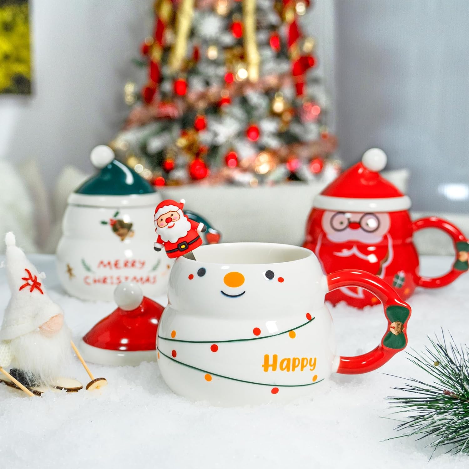 Juego de 2 tazas de café con diseño de árbol de Navidad color rojo, tazas de café de cerámica duraderas con tapa y cuchara de 16 onzas, el mejor