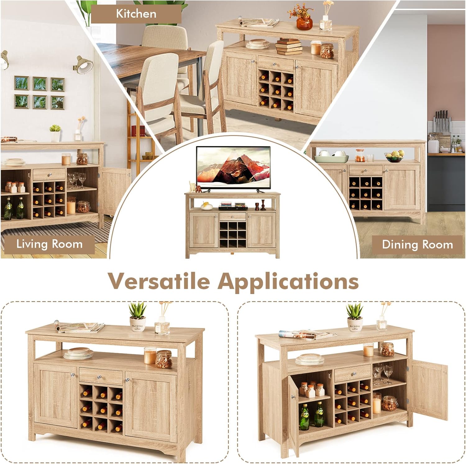 COSTWAY Armario buffet con almacenamiento, aparador de almacenamiento de cocina con 9 estantes para vino, 2 gabinetes, 1 cajón, estante abierto,
