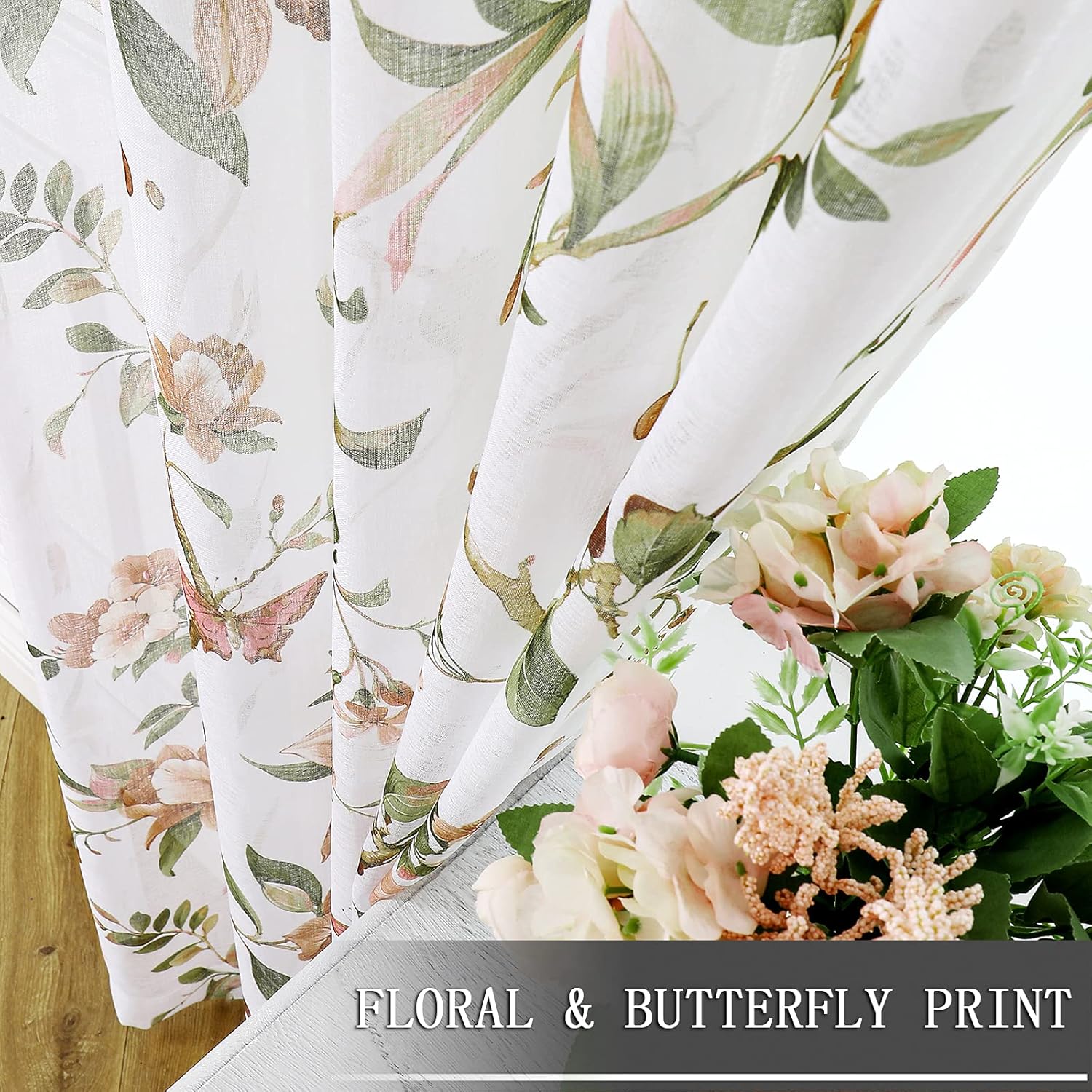 Tollpiz Cortinas traslúcidas con estampado floral de cerezo y mariposa, cortinas para sala de estar, cortinas con bolsillo para barra, aspecto de