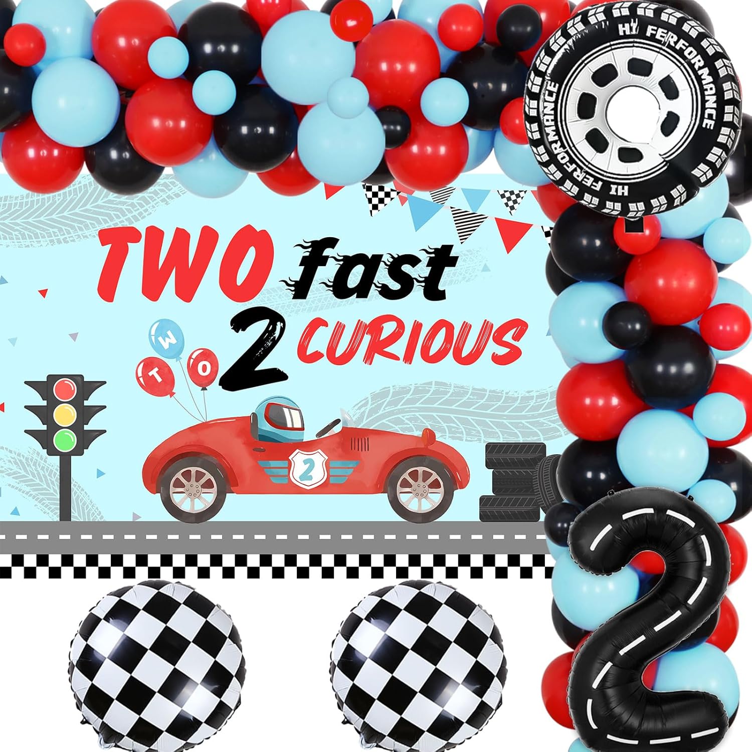 Two Fast Two Curious – Decoraciones de cumpleaños para niño, decoración de segundo cumpleaños de coche de carreras, retro, rojo, negro, azul, arco