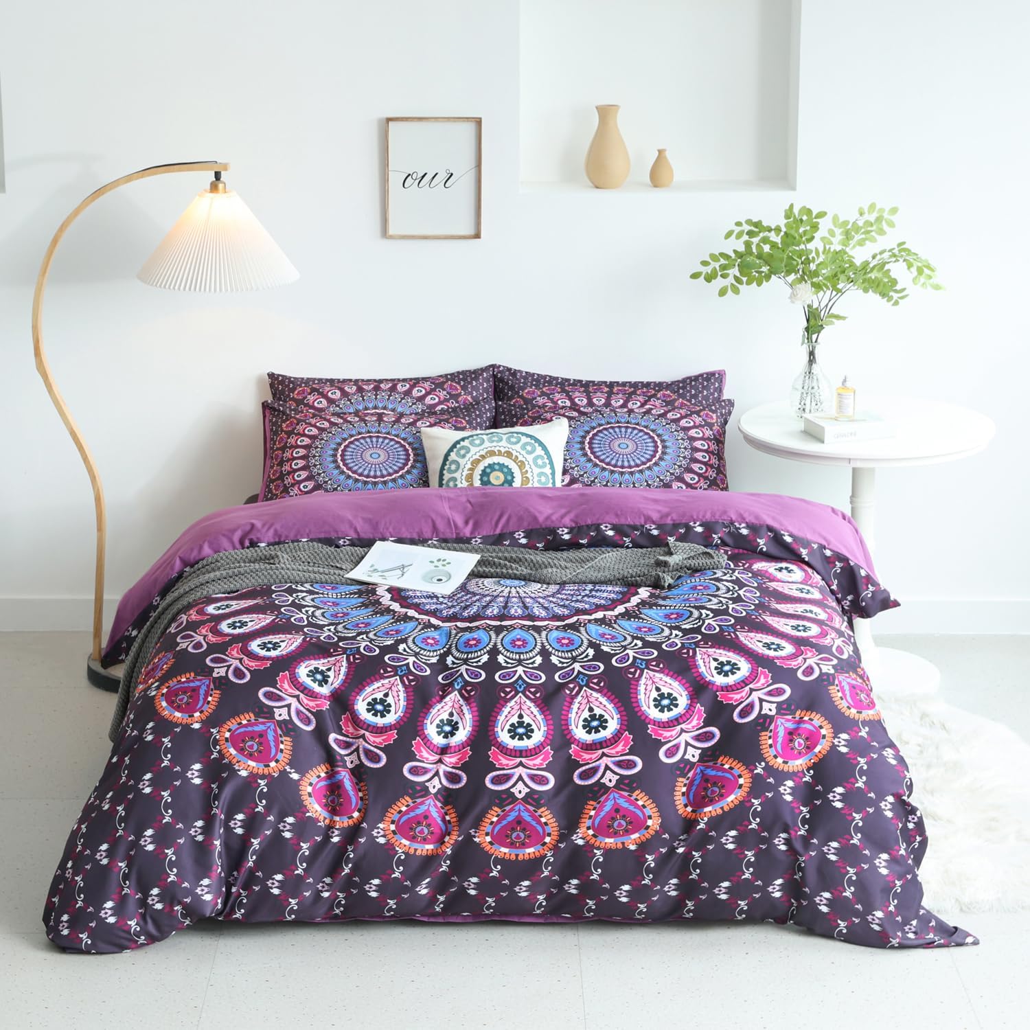 Juego de funda de edredón de mandala tamaño Queen, 3 piezas de microfibra suave y ligera, juego de funda de edredón de mandala morado 3D con lazos