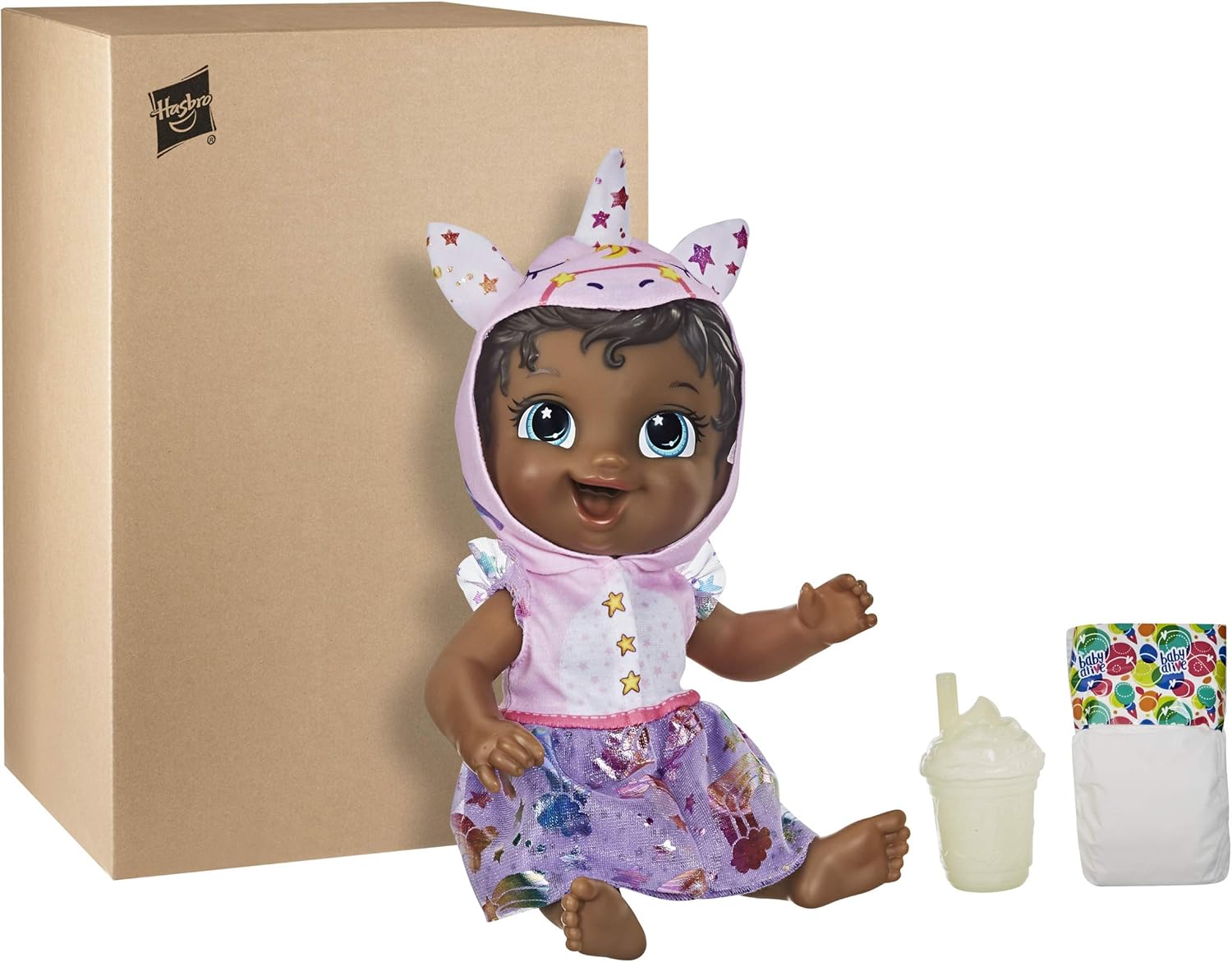 Baby Alive Muñeca Tinycorns, unicornio, accesorios, bebidas, húmedas, juguete de pelo negro para niños a partir de 3 años