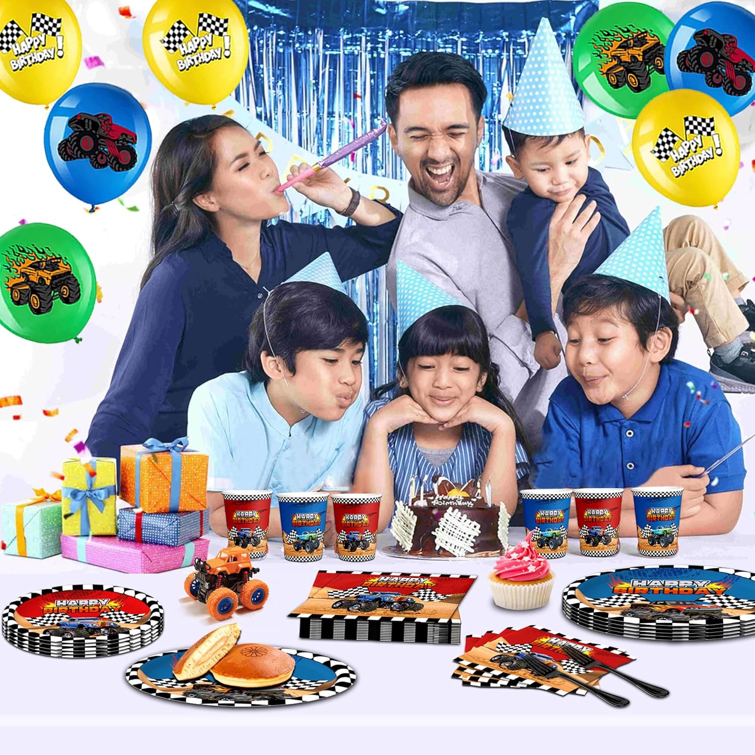 120 piezas de decoración de fiesta de cumpleaños para camiones, suministros para 24 platos grandes para camiones y servilletas, tenedores, autos de