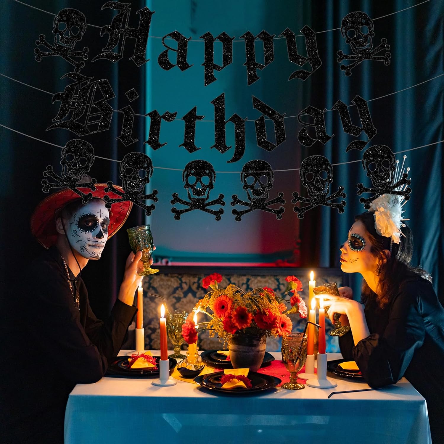 Cartel gótico de feliz cumpleaños con purpurina negra con diseño de calavera inglesa, divertida pancarta de cumpleaños funerario para fiesta de