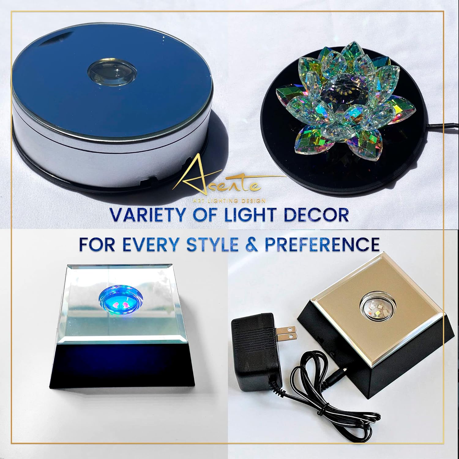 ASENTE Base de luz LED para arte de cristal y vidrio, base de pantalla LED redonda con luces blancas brillantes, luz artística a pilas – Base de