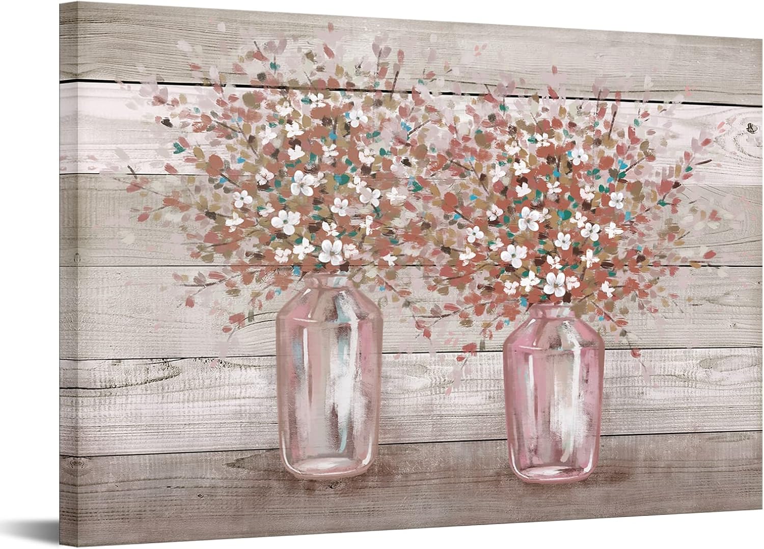 RyounoArt Cuadros florales rosados para decoración de pared, flores rosas y grises en jarrón, pintura artística de granja, decoración de granja,