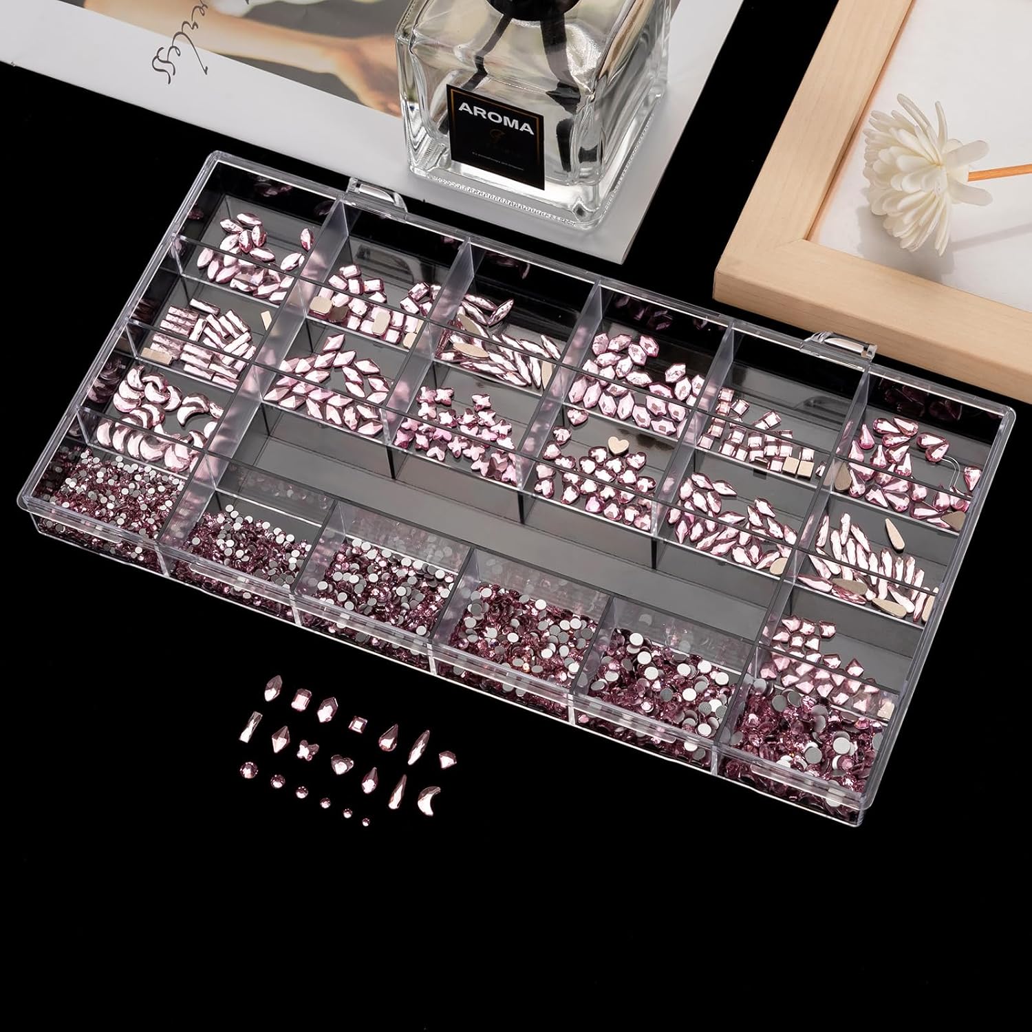 Noverlife Juego de 3830 diamantes de imitación rosados para arte de uñas, multiformas, juego de diamantes de imitación para uñas, kit de piedras