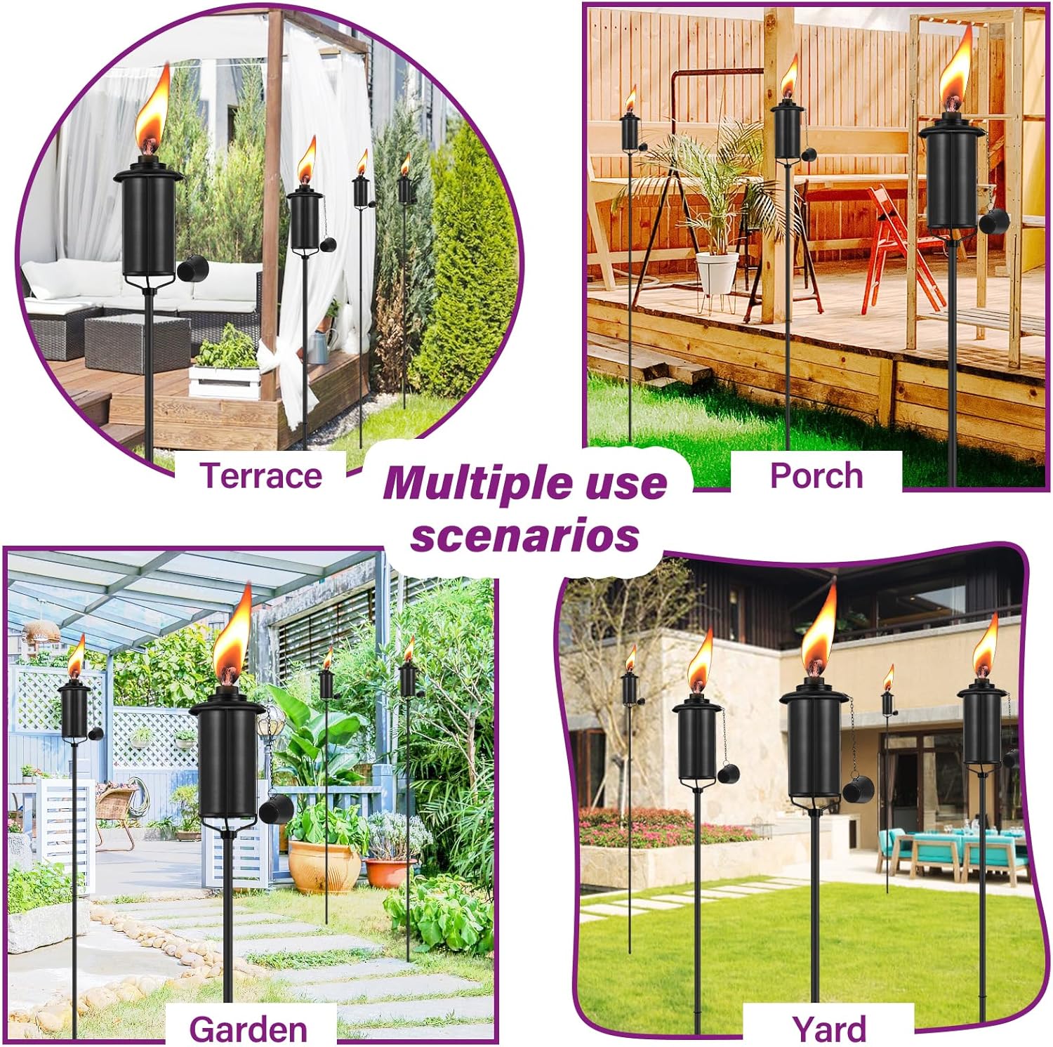 Home Garden – Juego de 4 antorchas de metal de 16 onzas para exteriores, decoración de jardín, antorchas de citronela mejoradas de 59 pulgadas con