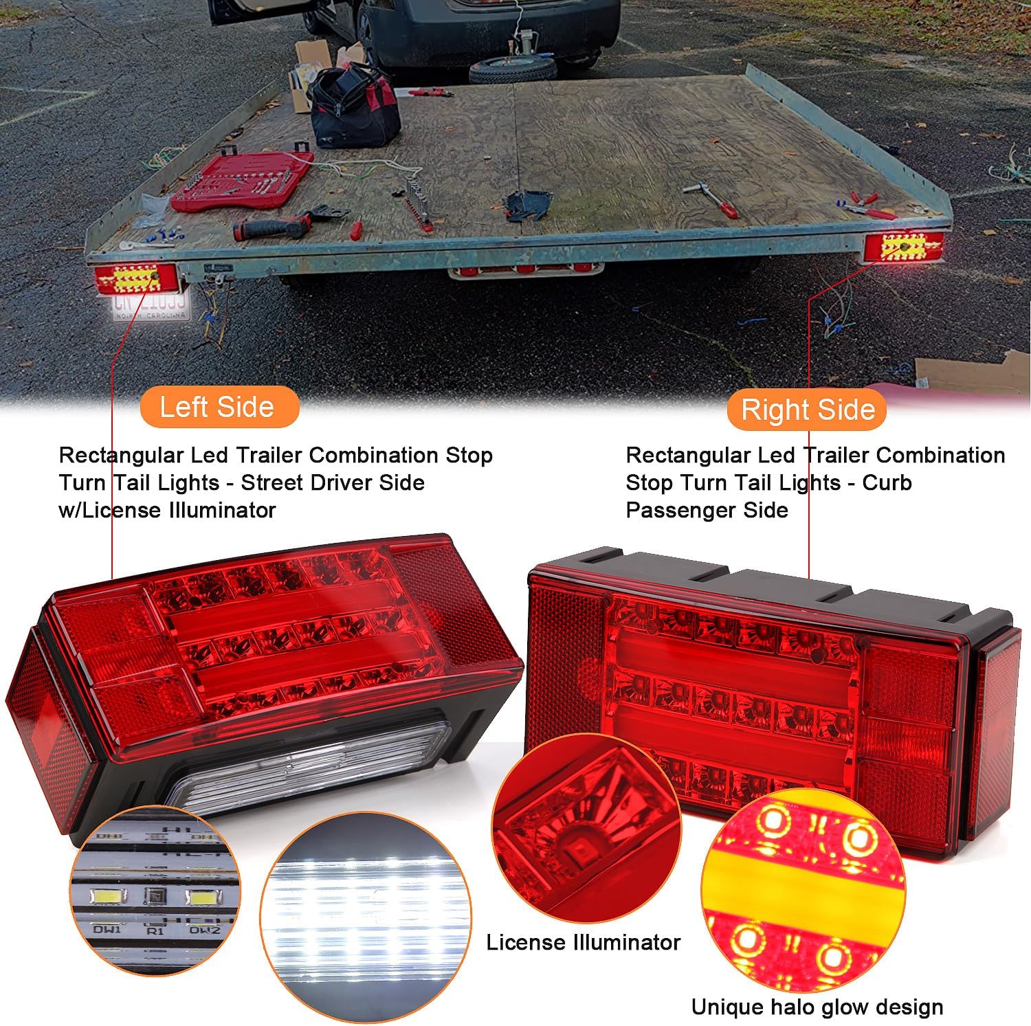 Konrali Kit de luces traseras LED sumergibles para remolque, halo brillante, kit de luces de remolque de barco, luces traseras LED rectangulares con
