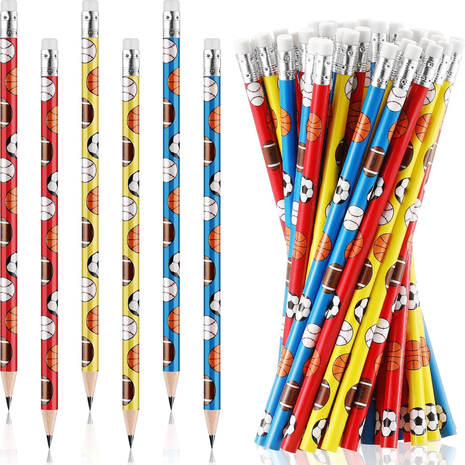 48 lápices deportivos con borrador para niños, lápices de béisbol, fútbol, baloncesto, pelota de fútbol, lápices de pelota de fútbol con temática