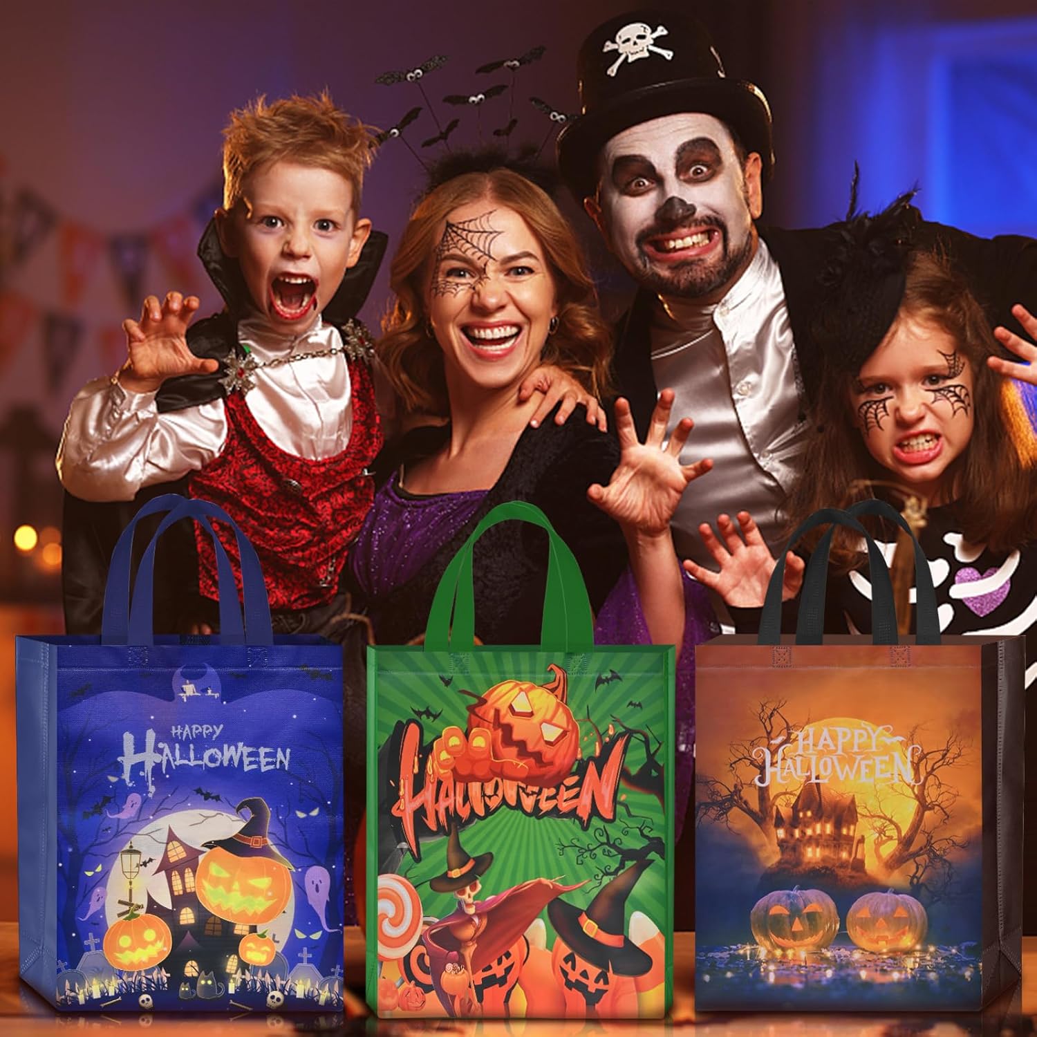 AhfuLife 12 bolsas de Halloween para dulce o truco, bolsas grandes de dulces de Halloween con asas para niños, bolsas de regalo reutilizables de