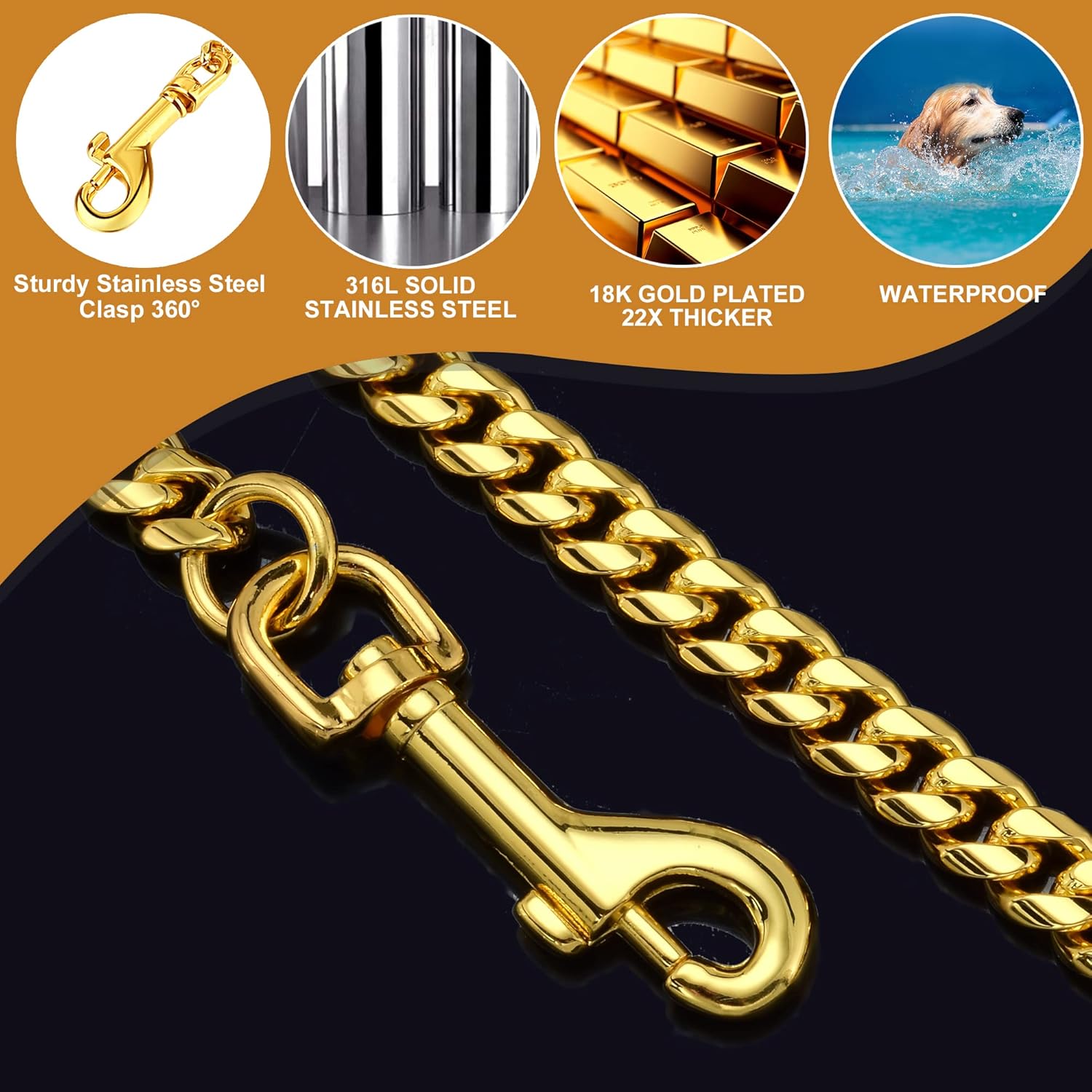 Correa de cadena para perro de 3 pies y 4.3 pies, acero inoxidable de oro de 18 quilates, correa para perro de 0.472 in con cómodo mango de cuero