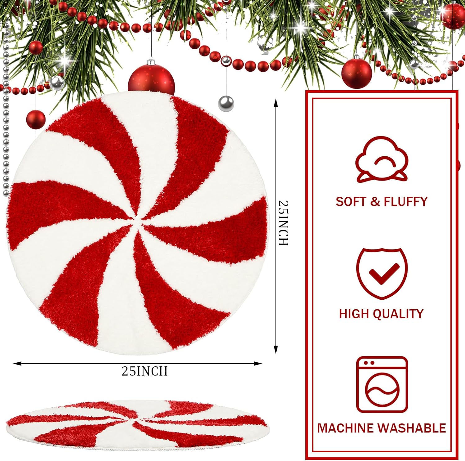 Alfombras de baño de Navidad de 25 pulgadas, lavables, redondas, para invierno, color rojo y blanco, tapete de baño de caramelo, antideslizante,