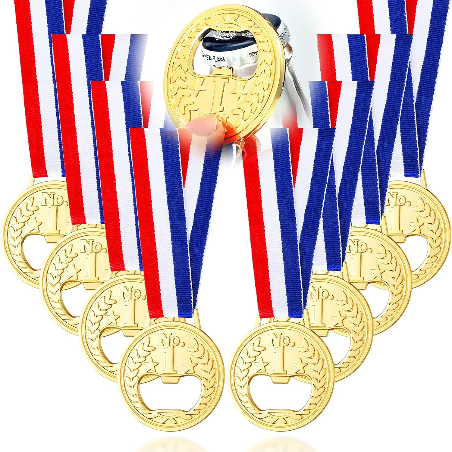 8 piezas de abrebotellas planas en forma de medalla, ganador de premio, medalla de vino, cerveza, abrebotellas olímpicas de metal con cinta para el
