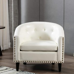 Elegant Upholstered Tufted Barrel Accent Chair PU Leather Rivet Club Armchair for Living Room Bedroom with Sturdy Legs (White) Elegant Upholstered Tufted Barrel Accent Chair PU Leather Rivet Club Armchair for Living Room Bedroom with Sturdy Legs (White)