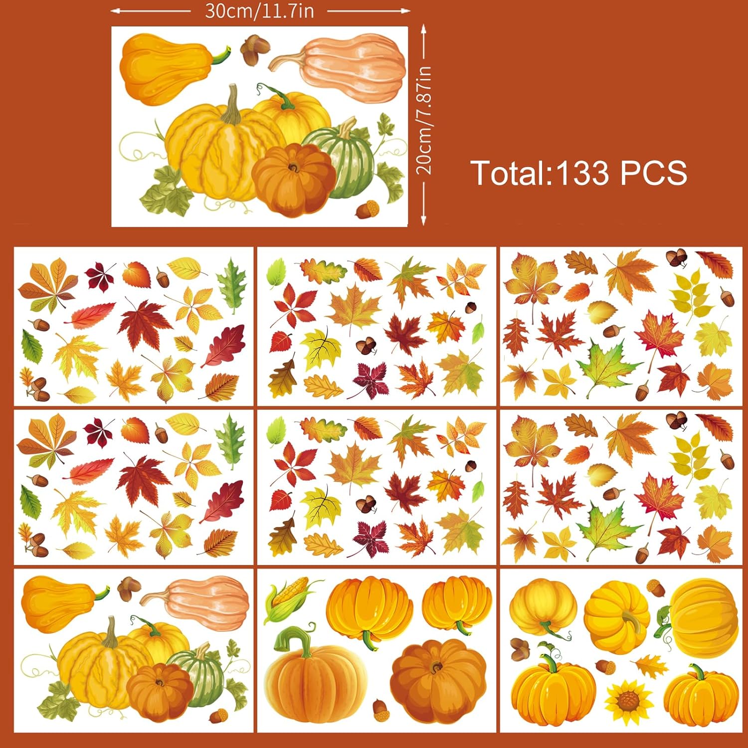 Hojas de otoño, calcomanías extraíbles de calabaza para ventana, de doble cara, otoño, Acción de Gracias, para el hogar, aula, oficina, decoración