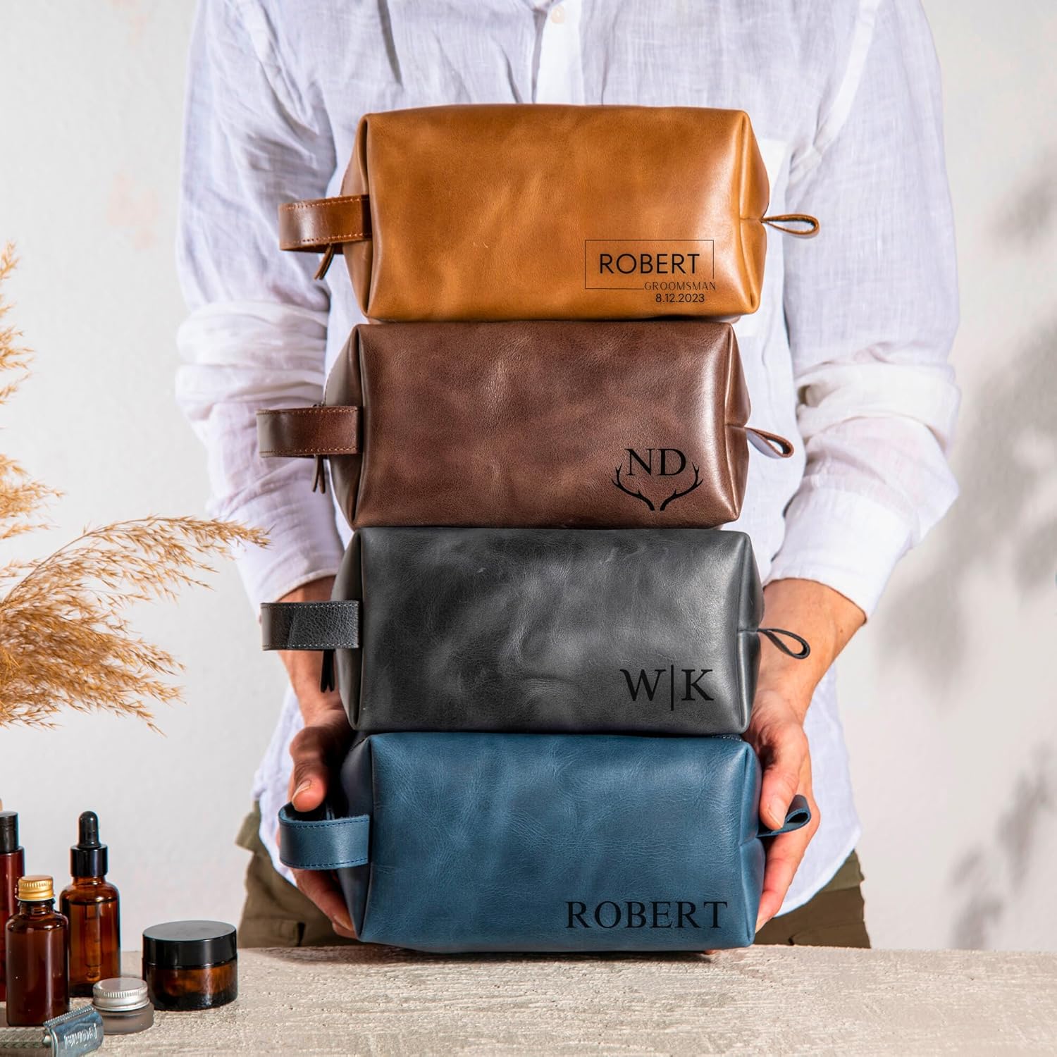 Personalized Leather Toiletry Bag for Men – Genuine Leather Dopp Kit, Perfect Gift for Groomsmen, Fathers Day, Wedding, Anniversary – Handcrafted