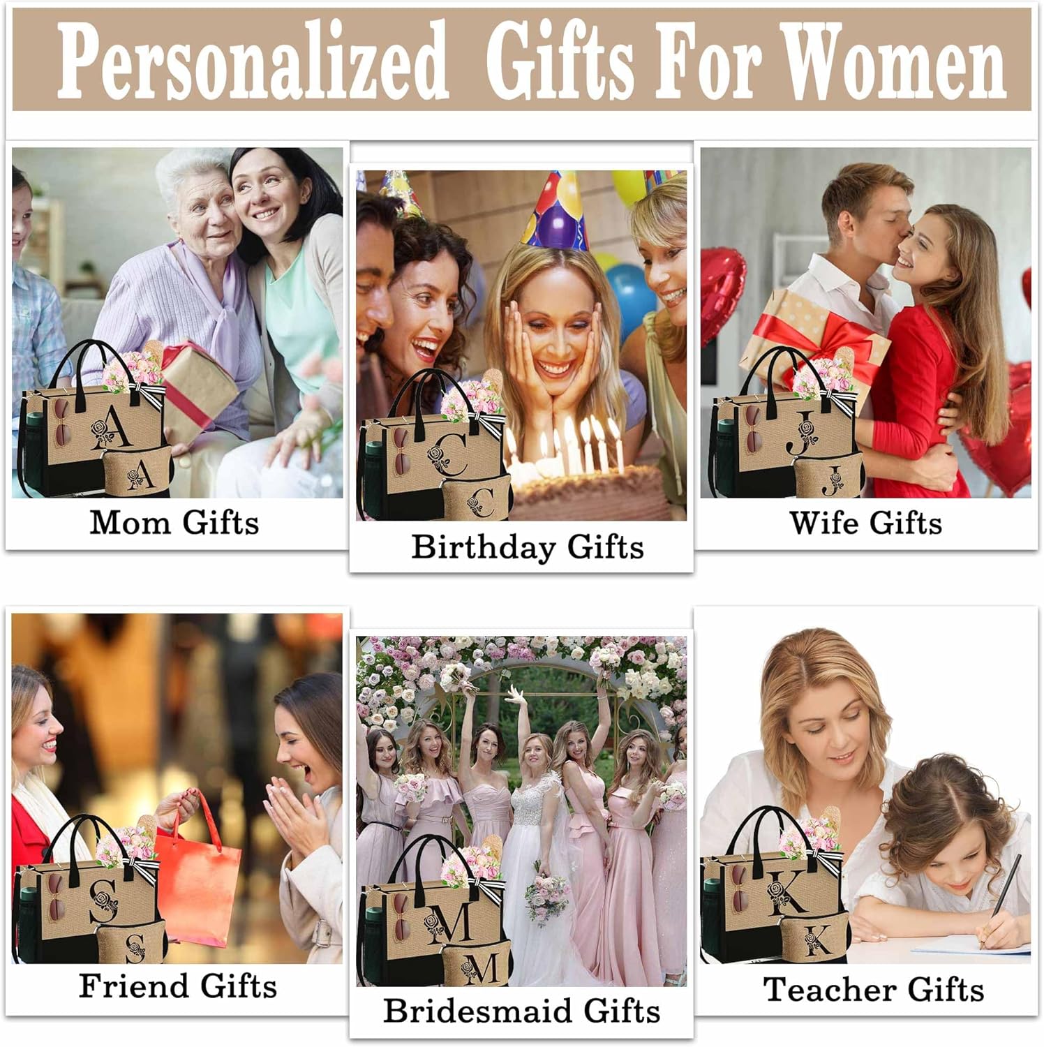 Regalos para el día de la madre bolsa de yute inicial con cremallera, regalos de cumpleaños personalizados para mujeres, regalo de graduación para