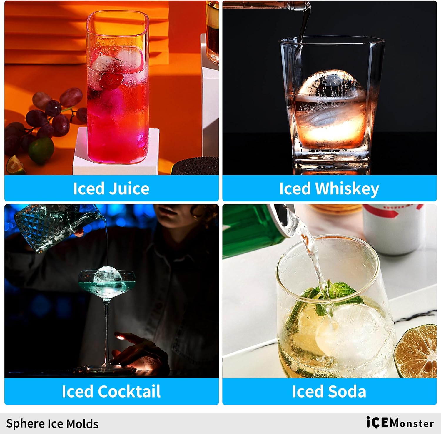 Ice Monster – Molde de hielo esférico, molde para hielo para whisky, bola de hielo, cubo de hielo redondo, molde para cubo de hielo grande Bourbon,