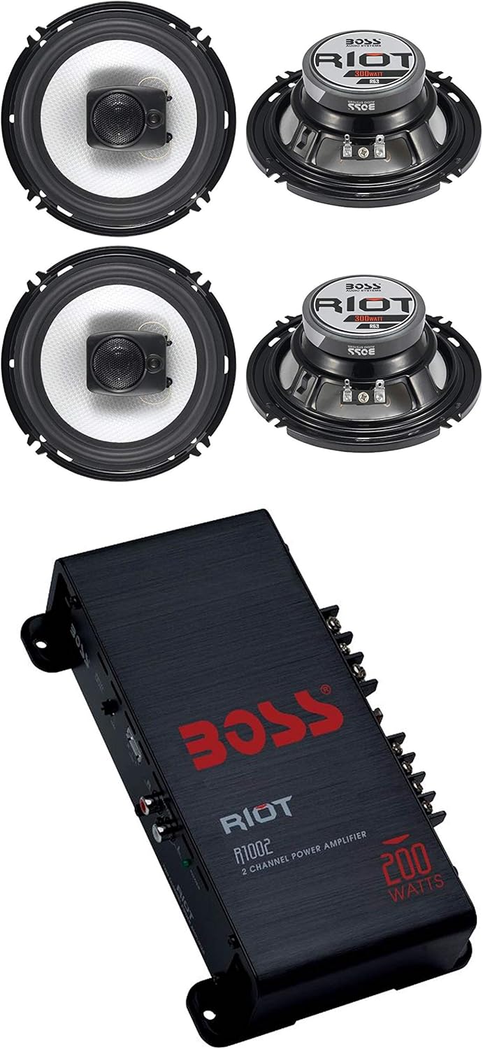 4 Boss R63 6.5 “300W 3 vías coaxiales altavoces+R1002 200W 2 canales amplificador amplificador