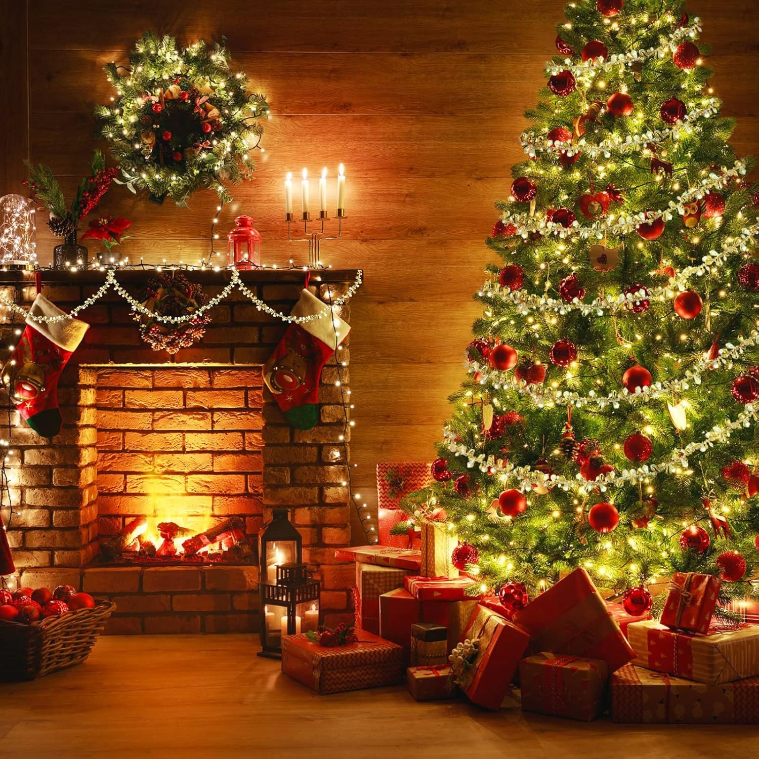 Guirnalda de cuentas de Navidad transparente iridiscente y dorada, cadena grande para árbol de Navidad, guirnalda de cuentas colgantes para